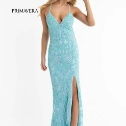 In Stock Primavera Couture 3721 Beaded Prom Dress V Neckline Slit Crisscross Open Back