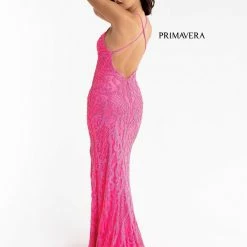 In Stock Backless Dresses Primavera Couture 3721 Size 0 Neon Pink Beaded Prom Dress V Neckline Slit Crisscross Open Back