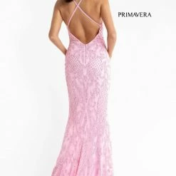 In Stock Primavera Couture 3721 Beaded Prom Dress V Neckline Slit Crisscross Open Back