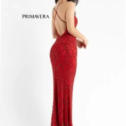 In Stock Primavera Couture 3721 Beaded Prom Dress V Neckline Slit Crisscross Open Back