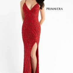 In Stock Primavera Couture 3721 Beaded Prom Dress V Neckline Slit Crisscross Open Back