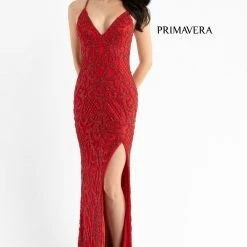In Stock Backless Dresses Primavera Couture 3721 Size 8 Beaded Prom Dress V Neckline Slit Crisscross Open Back