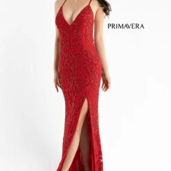 In Stock Primavera Couture 3721 Beaded Prom Dress V Neckline Slit Crisscross Open Back