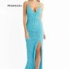 In Stock Primavera Couture 3721 Beaded Prom Dress V Neckline Slit Crisscross Open Back