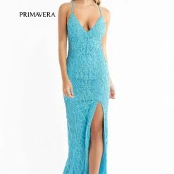 In Stock Primavera Couture 3721 Beaded Prom Dress V Neckline Slit Crisscross Open Back