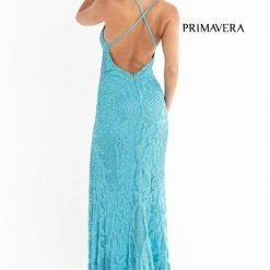 In Stock Primavera Couture 3721 Beaded Prom Dress V Neckline Slit Crisscross Open Back