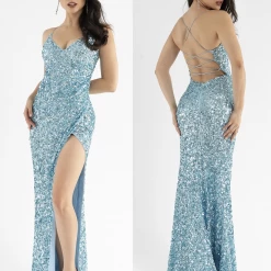 In Stock Primavera Couture 3791 Size 14 Purple Prom Dress V Neckline Sequins Lace Up Tie Back Side Slit Backless Dresses