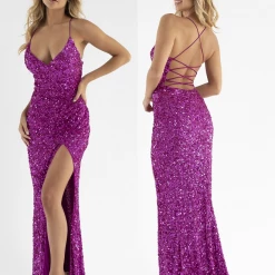 In Stock Primavera Couture 3791 Size 14 Purple Prom Dress V Neckline Sequins Lace Up Tie Back Side Slit Backless Dresses