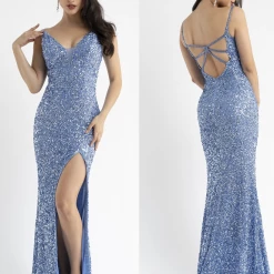 In Stock Backless Dresses Primavera Couture 3792 Size 8 Bright Blue Sequin Prom Dress V Neckline Strappy Open Back Side Slit Train