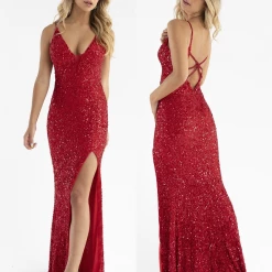 Primavera Couture 3792 Sequin Prom Dress V Neckline Strappy Open Back Side Slit Train