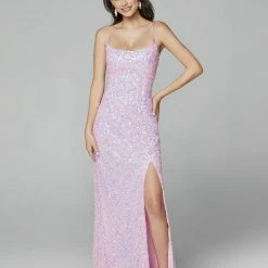 In Stock Backless Dresses Primavera Couture 3290 Neon Pink Size 4, 6 Prom Dress Sequins Long Fitted Tie Back Scoop Neckline