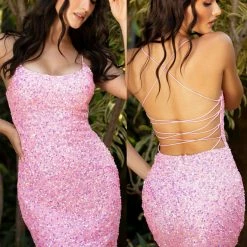 Backless Dresses Primavera Couture 3351 Cocktail Dress Short Fitted Sequin Backless Homecoming Dress