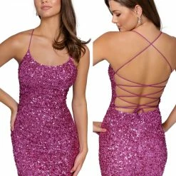 Backless Dresses Primavera Couture 3351 Cocktail Dress Short Fitted Sequin Backless Homecoming Dress