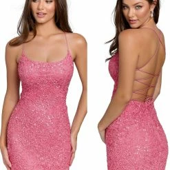 Backless Dresses Primavera Couture 3351 Cocktail Dress Short Fitted Sequin Backless Homecoming Dress