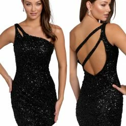 Backless Dresses Primavera Couture 3573 Cocktail Dress One Shoulder Double Strap Fitted Sequins Backless