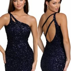 In Stock Primavera Couture 3573 Size 6 Cocktail Dress One Shoulder Double Strap Fitted Sequins Backless Backless Dresses