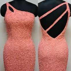 In Stock Primavera Couture 3573 Size 6 Cocktail Dress One Shoulder Double Strap Fitted Sequins Backless Backless Dresses