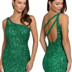 Backless Dresses Primavera Couture 3573 Cocktail Dress One Shoulder Double Strap Fitted Sequins Backless