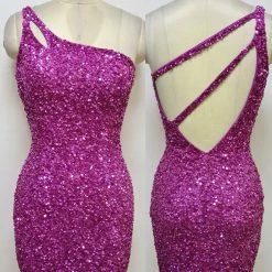 In Stock Primavera Couture 3573 Size 6 Cocktail Dress One Shoulder Double Strap Fitted Sequins Backless Backless Dresses