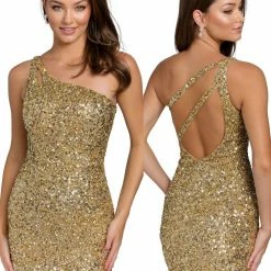 In Stock Primavera Couture 3573 Size 6 Cocktail Dress One Shoulder Double Strap Fitted Sequins Backless Backless Dresses