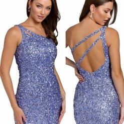 Backless Dresses Primavera Couture 3573 Cocktail Dress One Shoulder Double Strap Fitted Sequins Backless