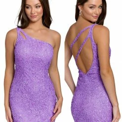 In Stock Primavera Couture 3573 Size 6 Cocktail Dress One Shoulder Double Strap Fitted Sequins Backless Backless Dresses