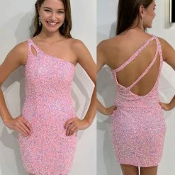 In Stock Primavera Couture 3573 Size 6 Cocktail Dress One Shoulder Double Strap Fitted Sequins Backless Backless Dresses