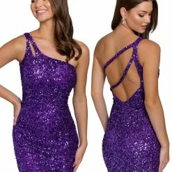 In Stock Primavera Couture 3573 Size 6 Cocktail Dress One Shoulder Double Strap Fitted Sequins Backless Backless Dresses