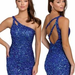 Backless Dresses Primavera Couture 3573 Cocktail Dress One Shoulder Double Strap Fitted Sequins Backless