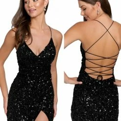 In Stock Primavera Couture 3891 Size 10 Short Fitted Sequin Formal Slit Cocktail Prom Dress Backless Corset