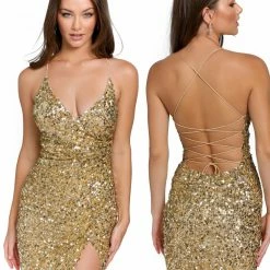 In Stock Primavera Couture 3891 Size 10 Short Fitted Sequin Formal Slit Cocktail Prom Dress Backless Corset