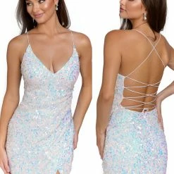 Primavera Couture 3891 Short Fitted Sequin Formal Slit Cocktail Prom Dress Backless Corset