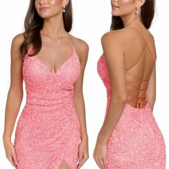 Primavera Couture 3891 Short Fitted Sequin Formal Slit Cocktail Prom Dress Backless Corset