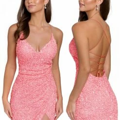 Backless Dresses Primavera Couture 3891 Short Fitted Sequin Formal Slit Cocktail Prom Dress Backless Corset