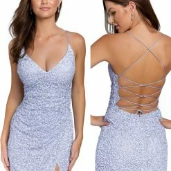 Primavera Couture 3891 Short Fitted Sequin Formal Slit Cocktail Prom Dress Backless Corset