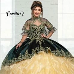 Ballgown Dresses Camila Q Quinceanera Q1112 Velvet And Organza Ruffle Ball Gown With Cape Corset Back 1112