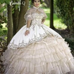 Ballgown Dresses Camila Q Quinceanera Q1112 Velvet And Organza Ruffle Ball Gown With Cape Corset Back 1112