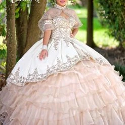 Ballgown Dresses Camila Q Quinceanera Q1112 Velvet And Organza Ruffle Ball Gown With Cape Corset Back 1112