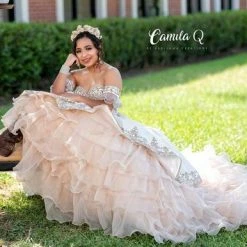 Ballgown Dresses Camila Q Quinceanera Q1112 Velvet And Organza Ruffle Ball Gown With Cape Corset Back 1112