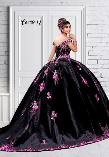 Camila Q Quinceanera Q1117 Off The Shoulder Velvet Ball Gown Floral Applique Corset 1117 5 Camila Q Quinceanera Q1117 Off The Shoulder Velvet Ball Gown Floral Applique Corset 1117