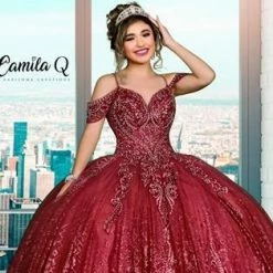 Camila Q Quinceanera Q1122 Off The Shoulder Prom Dress Beaded Tulle Shimmer 1122 Ballgown Dresses