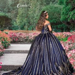 Camila Q Quinceanera Q1123 Satin Sequin Long Ball Gown Prom Dress Off The Shoulder 1123