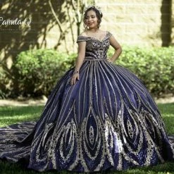 Camila Q Quinceanera Q1123 Satin Sequin Long Ball Gown Prom Dress Off The Shoulder 1123