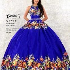 Camila Q Quinceanera Dress 17041 High Neck Floral Ballgown Open Back Princess