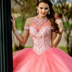 Discontinued Camila Q Quinceanera Dress 17102 Sheer High Neckline Ballgown Train Princess Ballgown Dresses