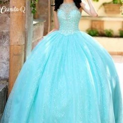 Camila Q Quinceanera Dress 19001 High Neckline Sheer Ballgown Tulle Prom Dress