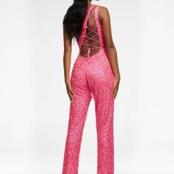 Ashleylauren Corset Dresses Ashley Lauren 11190 One Shoulder Sequin Jumpsuit With Pockets