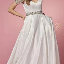 In Stock Nox Anabel R224W Size 2, 6, 16 Long Satin A Line Ballgown Pockets Off The Shoulder Dress Pageant Bridal Ballgown Dresses