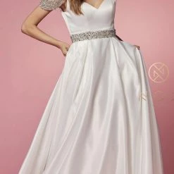 Nox Anabel R224W Long Satin A Line Ballgown Pockets Off The Shoulder Dress Pageant Bridal