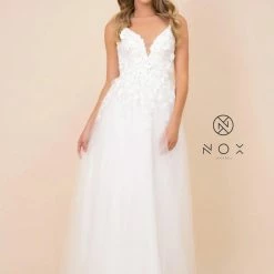 Nox Anabel R346 A Line 3D Floral Lace Wedding Dress V Neck Bridal Gown